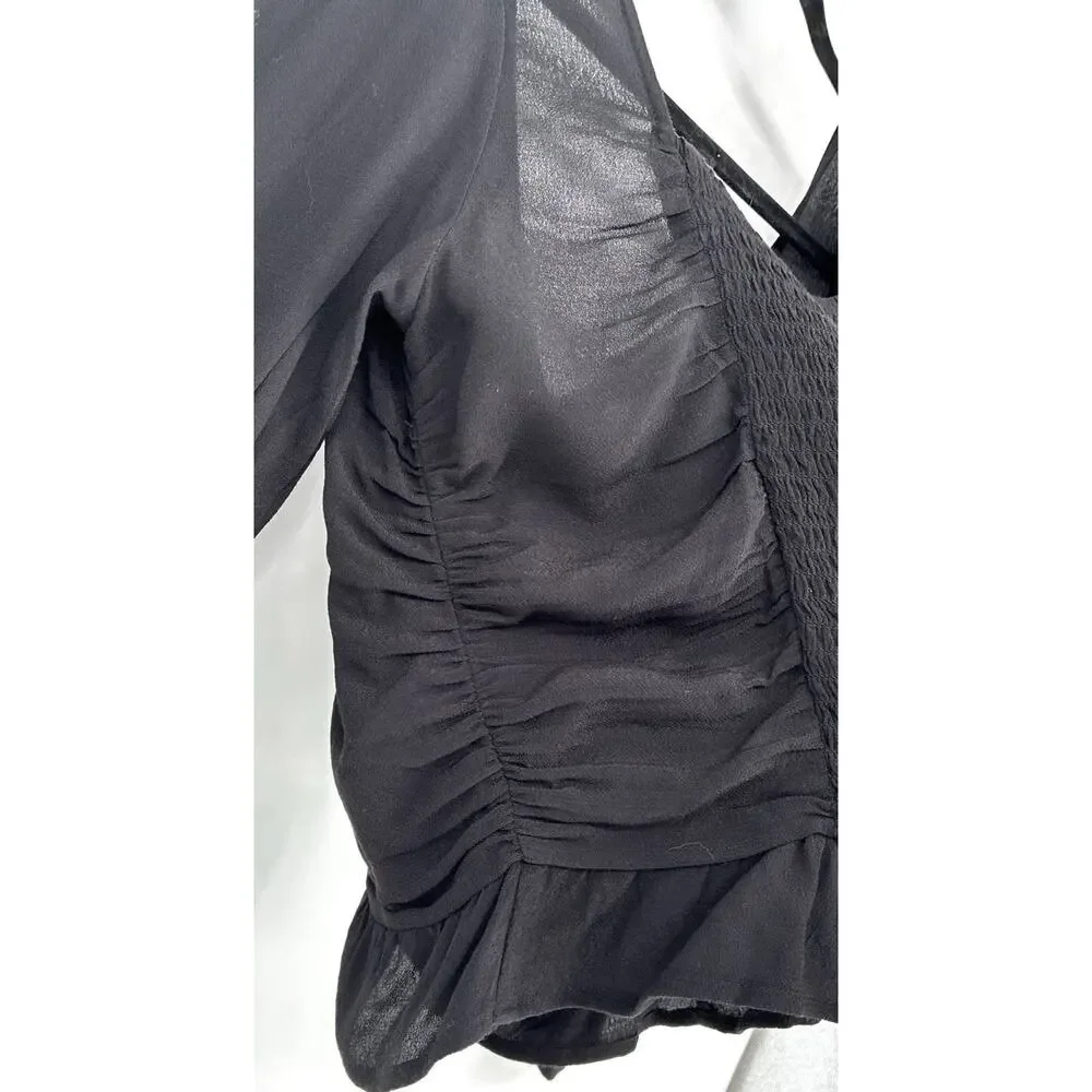 H &M Black Frnt Side Ruched Smocked Back LS Peplum Romantic Balletcore Top Small